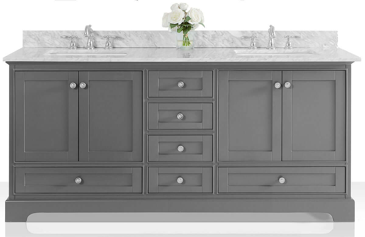 Audrey 72" White or Grey Solid Wood Vanities - Carrara Marble Tops, Gold Hardware - by Ancerre Design