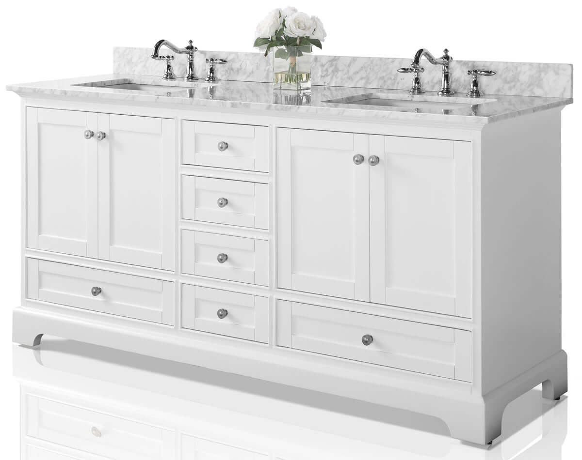 Audrey 72" White or Grey Solid Wood Vanities - Carrara Marble Tops, Gold Hardware - by Ancerre Design