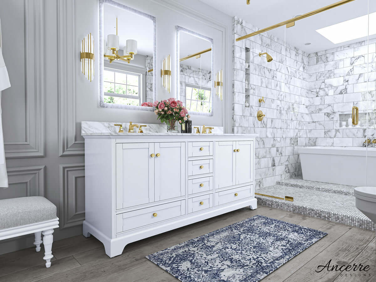 Audrey 72" Black, White, or Blue Solid Wood Vanities - Carrara Marble Tops, Gold Hardware - by Ancerre Design