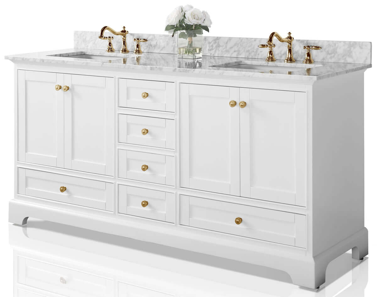Audrey 72" Black, White, or Blue Solid Wood Vanities - Carrara Marble Tops, Gold Hardware - by Ancerre Design