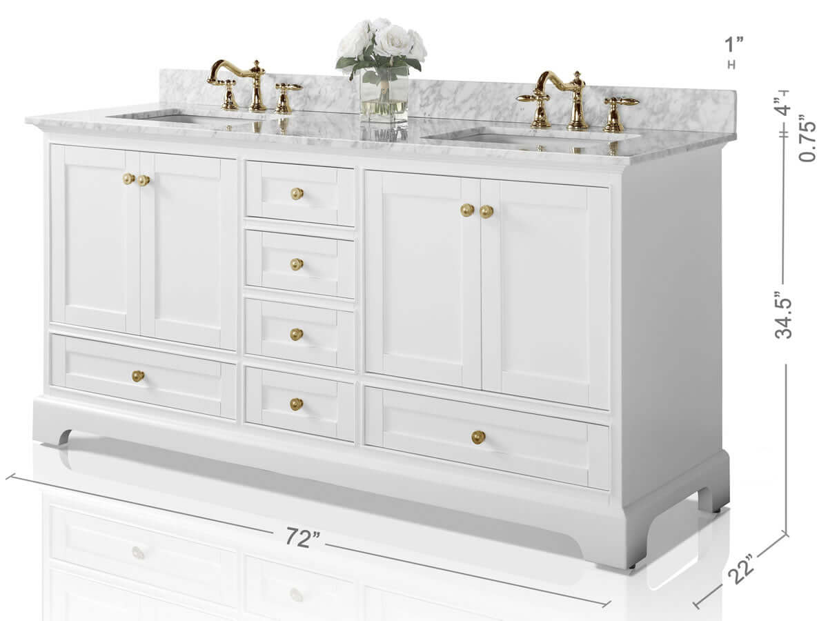 Audrey 72" Black, White, or Blue Solid Wood Vanities - Carrara Marble Tops, Gold Hardware - by Ancerre Design