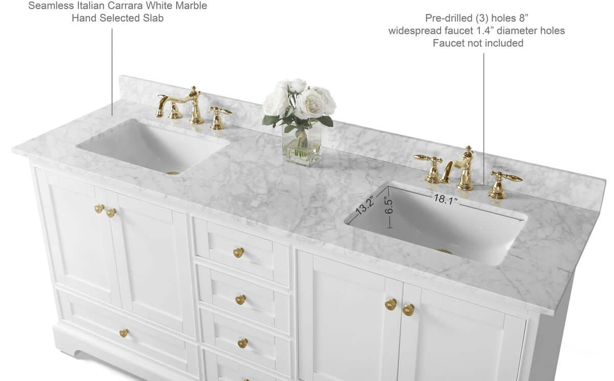Audrey 72" Black, White, or Blue Solid Wood Vanities - Carrara Marble Tops, Gold Hardware - by Ancerre Design