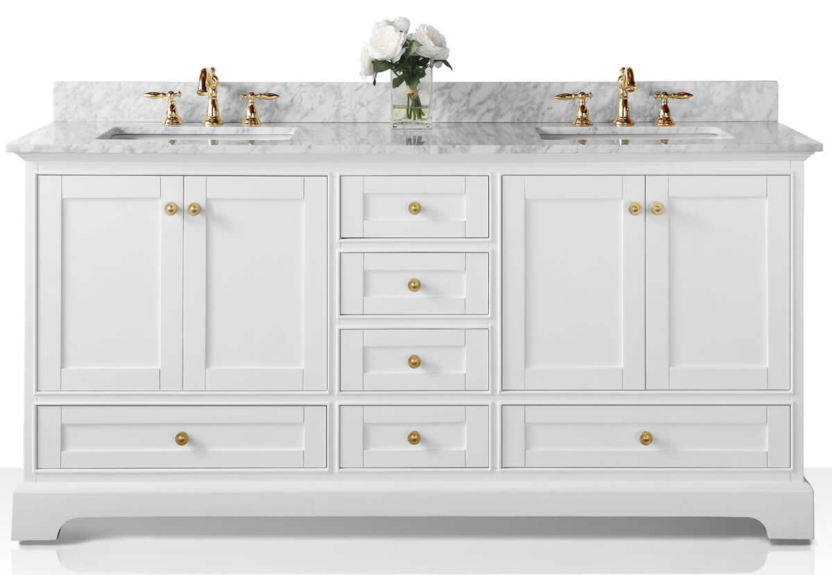 Audrey 72" Black, White, or Blue Solid Wood Vanities - Carrara Marble Tops, Gold Hardware - by Ancerre Design