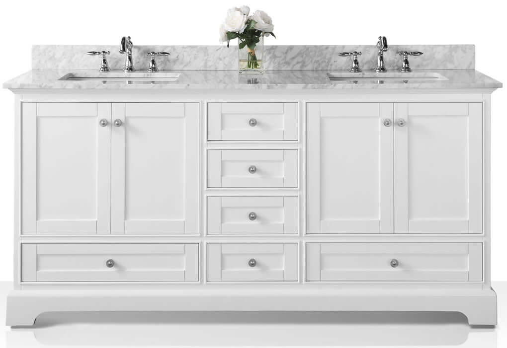 Audrey 72" White or Grey Solid Wood Vanities - Carrara Marble Tops, Gold Hardware - by Ancerre Design