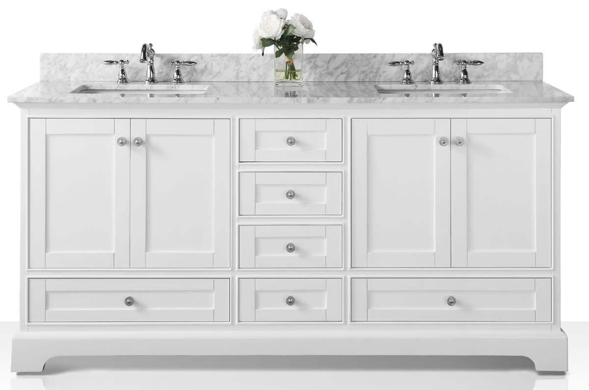 Audrey 72" White or Grey Solid Wood Vanities - Carrara Marble Tops, Gold Hardware - by Ancerre Design