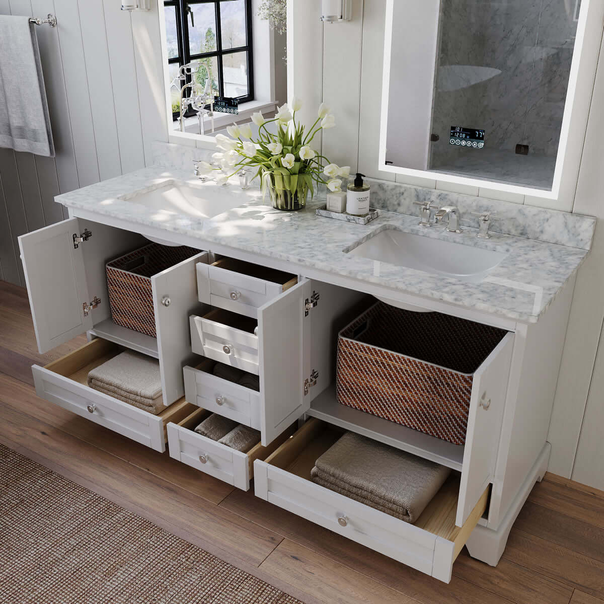 Audrey 72" Black, White, or Blue Solid Wood Vanities - Carrara Marble Tops, Gold Hardware - by Ancerre Design