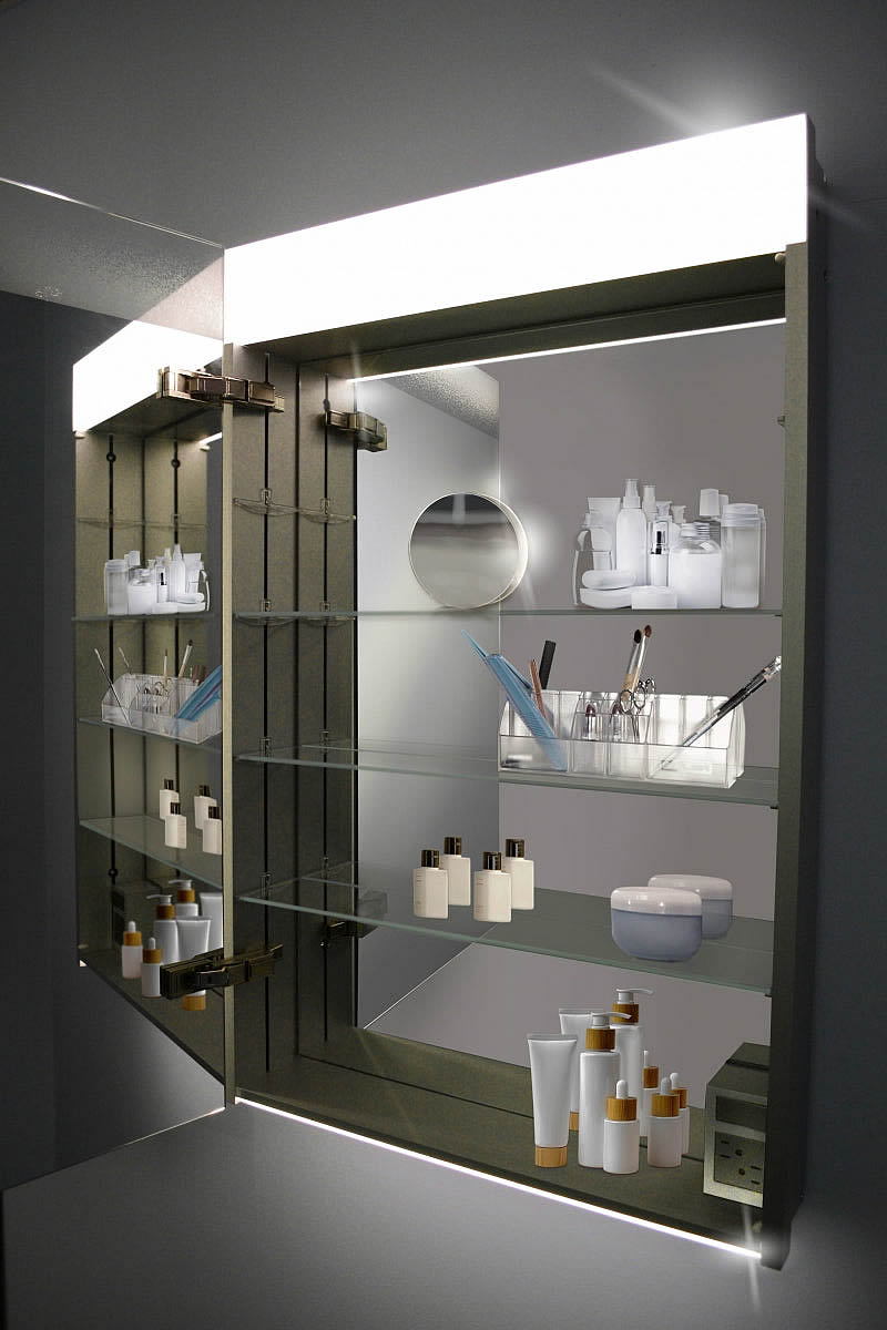 Door is mirrored on both sides, as is the back-wall.  Interior shelves adjust easily with patented system.  