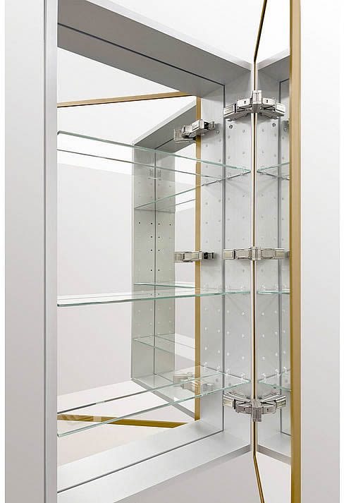 Sidler Decoro Medicine Cabinet interior view - door mirrored both sides and back-wall mirrored.