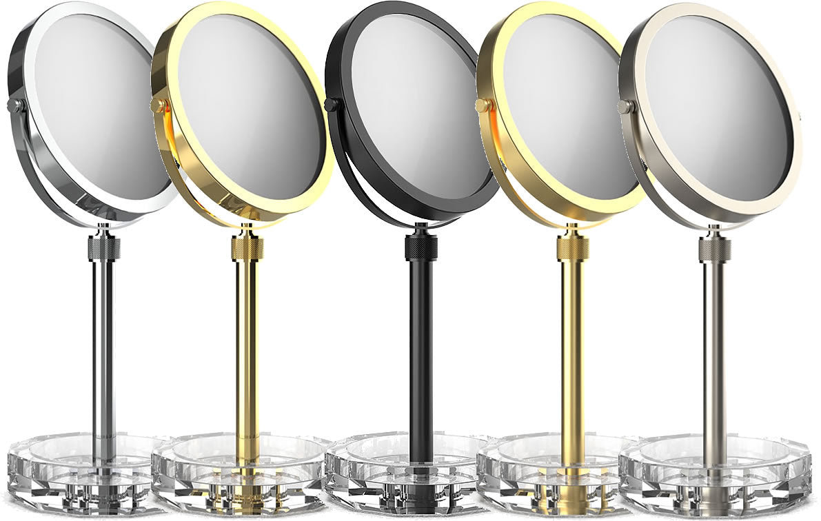 Crystal Clear KRISTALL by Decor Walther - Left to right:  Polished Chrome, Polished 24k Gold, Matte Black, Matte 24k Gold, Satin Nickel